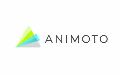 logo del programa animoto. se forma un triángulo con colores verdes y grises