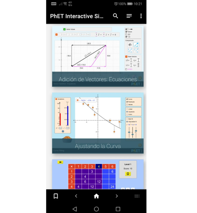 Captura de pantalla de aplicación phet