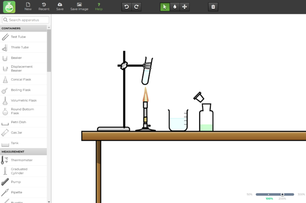 captura de pantalla de programa online Chemix. Se ve la barra lateral de herramientas y un esquema de laboratorio siendo armado.