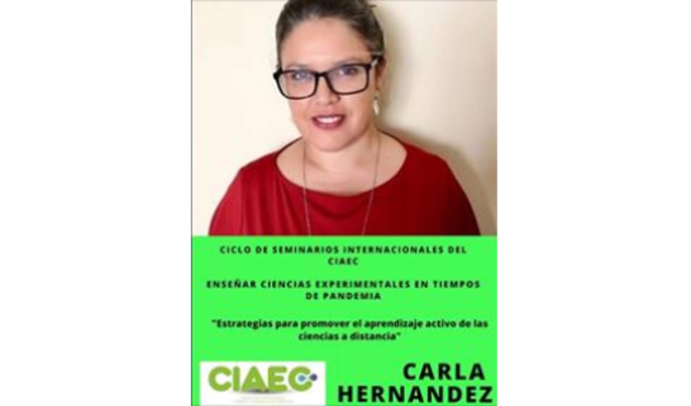 portada de 1° Encuentro Nuevas realidades y mediaciones. Conferencia: "Estrategias para promover el aprendizaje activo de las ciencias a distancia". En primer plano una foto de la oradora, Carla Hernández.
