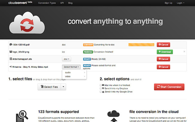 Captura de pantalla de la web "cloud convert"