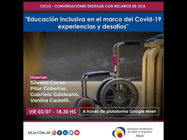 flyer de difusión del conversatorio "Educación inclusiva en el marco de COVID-19". de fondo una foto de una silla de ruedas de costado. información sobre disertantes y auspiciante.