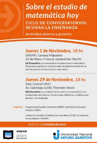 Flyer del conversatorio "Sobre el estudio de matemática hoy. Ciclo de conversatorios: revisar la enseñanza"