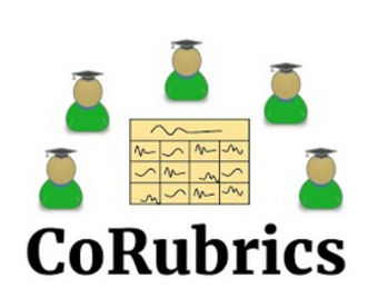 logo de Corubrics. Ilustración de un grupo de estudiantes alrededor de una rúbrica.