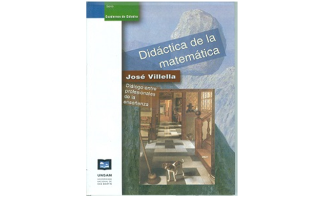 Tapa del libro "Didáctica de la matemática. Diálogo entre profesionales de la enseñanza". De fondo una montaña y una piedra, en el frente se ve la pintura de una casa vieja y un perro.
