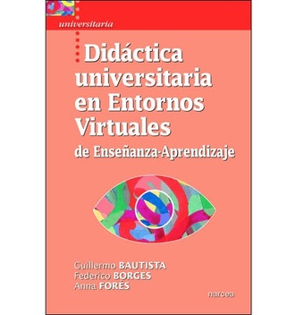 portada de libro "didactica universitaria en entornos virtuales", fondo color salmon, titulo del libro, imagen abstracta de colores