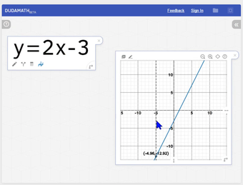 captura de pantalla de programa online dudamath. se ve una función lineal escrita en su fórmula y graficada.