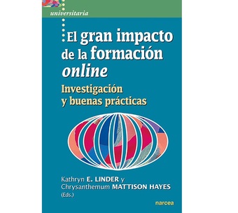 Tapa de libro El gran impacto de la formación online. Investigación y buenas prácticas. Fondo verde petróleo. Óvalo de colores rosados y azules.