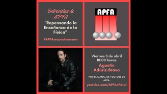 flyer de entrevista de APFA a Agustín Aduriz Bravo. Logo de APFA, foto de Aduriz Bravo e información de la charla.