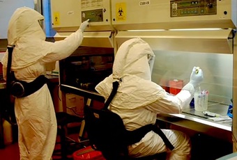 dos personas trabajando en el Laboratorio del Instituto “Carlos G. Malbrán” con equipameinto de protección personal
