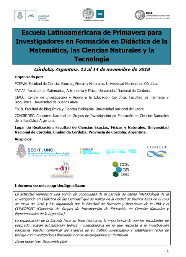 Flyer de difusión Escuela Latinoamericana de Primavera para Investigadores en Formación en Didáctica de la Matemática, las Ciencias Naturales y la Tecnología
