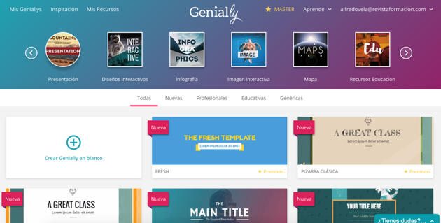 captura de pantalla de panel de trabajo genially. se ven distintas plantillas pre-armadas para hacer presentaciones.