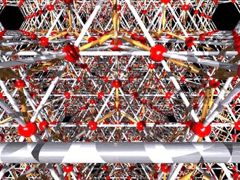 Visión esquemática de un “hielo de spin”. Los sitios cristalinos magnéticos están representados por esferas rojas, y los spines por flechas amarillas.