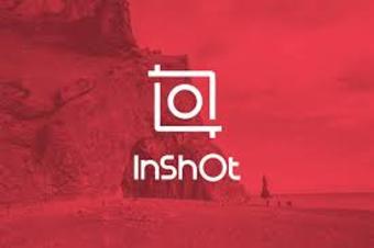 Logo de la aplicación web InShot. Dibujo simple de un lente de cámara de fotos. Fondo: foto de una playa en tonos de rojo. Logo de la aplicación web InShot. Dibujo simple de un lente de cámara de fotos. Fondo: foto de una playa en tonos de rojo.