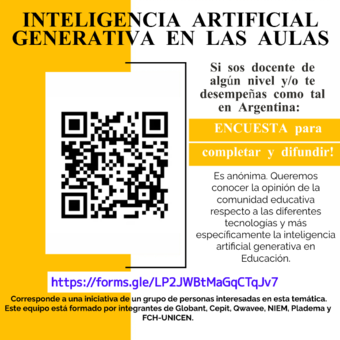 Flyer de convocatoria para completar la encuesta sobre Inteligencia artificial generativa en las aulas
