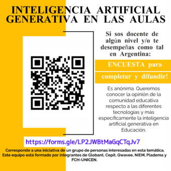 Flyer de convocatoria para completar la encuesta sobre Inteligencia artificial generativa en las aulas
