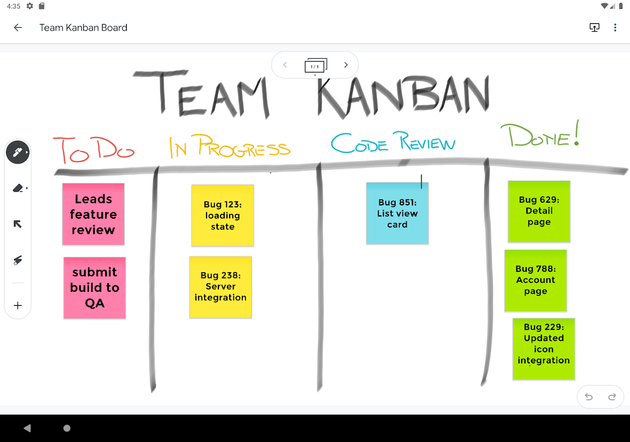 captura de pantalla del programa jamboard. tabla con distribución de tareas por estado de avance.