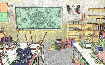 foto de un salón de escuela primaria con un efecto que la hace parecer un dibujo.