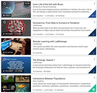 Captura de pantalla de la web de labxchange. vistas previas de recursos audiovisuales.