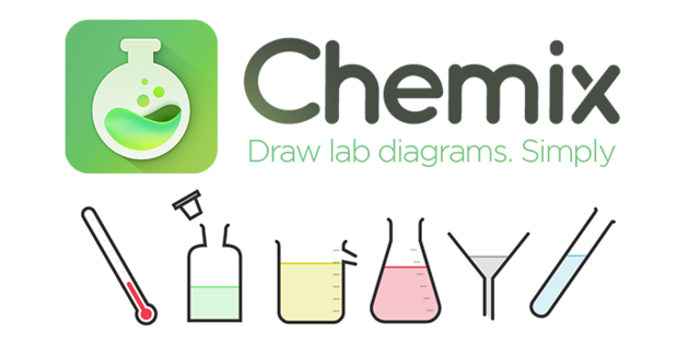logo de programa online Chemix. acompañan dibujos de distintos instrumentos de laboratorio (termómetro, erlenmeyer, tubo de ensayo, embudo) 