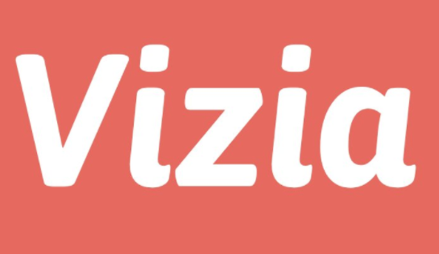 Logo de sitio web "vizia". Fondo rojo y "vizia" en letras blancas.