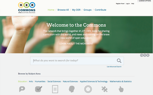 Captura de pantalla de la web de OER Commons, sitio de recursos educativos abiertos