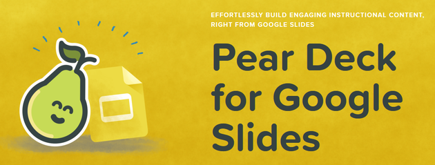 logo de app para google slides "pear slides". fondo amarillo oscuro. Una caricatura de una pera abrazando al logo de google slides.