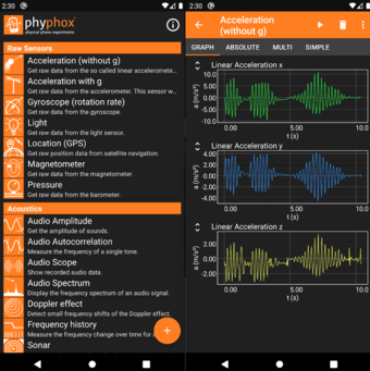 Capturas de pantalla de app movil Phyphox