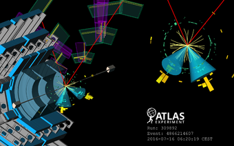 La imagen muestra  la producción de un bosón de Higgs en asociación con un bosón Z. El Z decae en dos muones (las líneas rojas) y el Higgs decae en dos quarks que dan dos jets (los conos azules).  ATLAS collaboration, CERN.