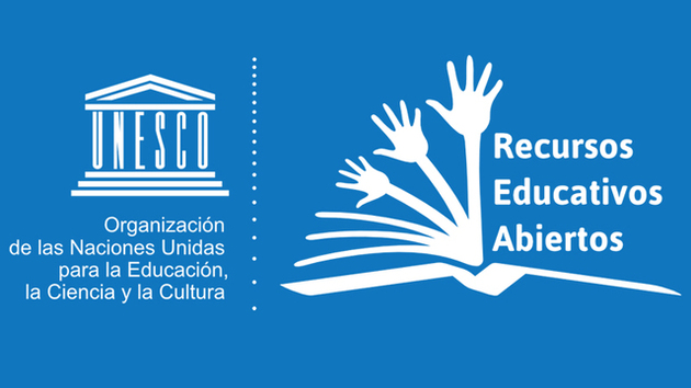 Logo de los Recursos Educativos Abiertos: Libro abierto del que salen muchas manos.