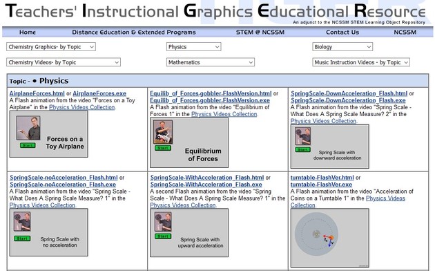 captura de pantalla de la web Teachers' Instructional Graphics Educational Resource. Vista previa de varios recursos audiovisuales para enseñar fisica
