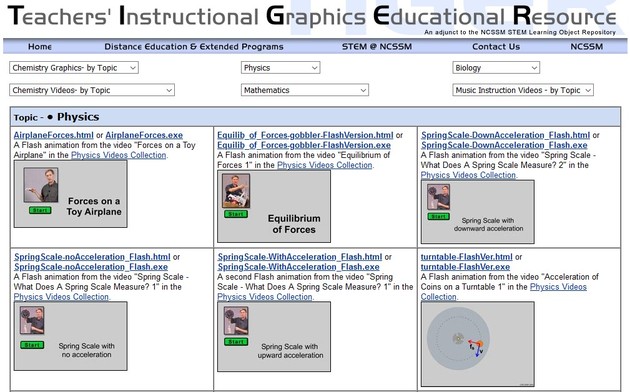 captura de pantalla de la web Teachers' Instructional Graphics Educational Resource. Vista previa de varios recursos audiovisuales para enseñar fisica
