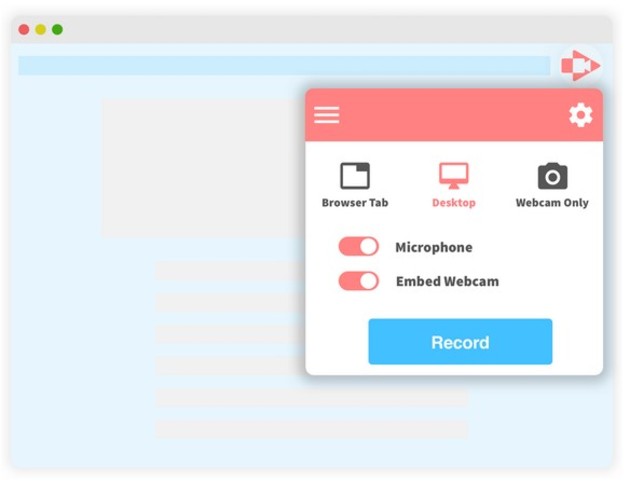 captura de pantalla de como se vería la extensión "screencastify" instalada en el navegador Chrome: una pestaña abierta que da las opciones de grabar pantalla completa, navegador o webcam