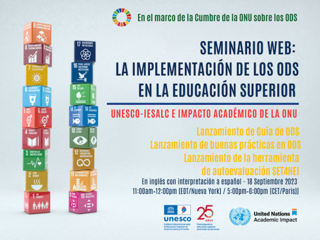 Flyer de difusión de Seminario web: La enseñanza superior y la aplicación de los ODS
