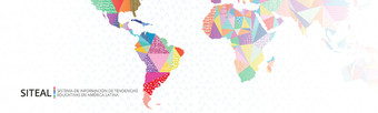 Banner de SITEAL (Sistemas de información de tendencias educativas en América Latina). Planisferio de colores donde se destaca más América Latina.