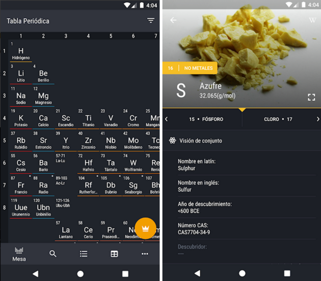captura de pantalla de aplicación. en una pantalla: parte de la tabla periodica. en la otra pantalla: sección de un elemento (azufre) con información y foto