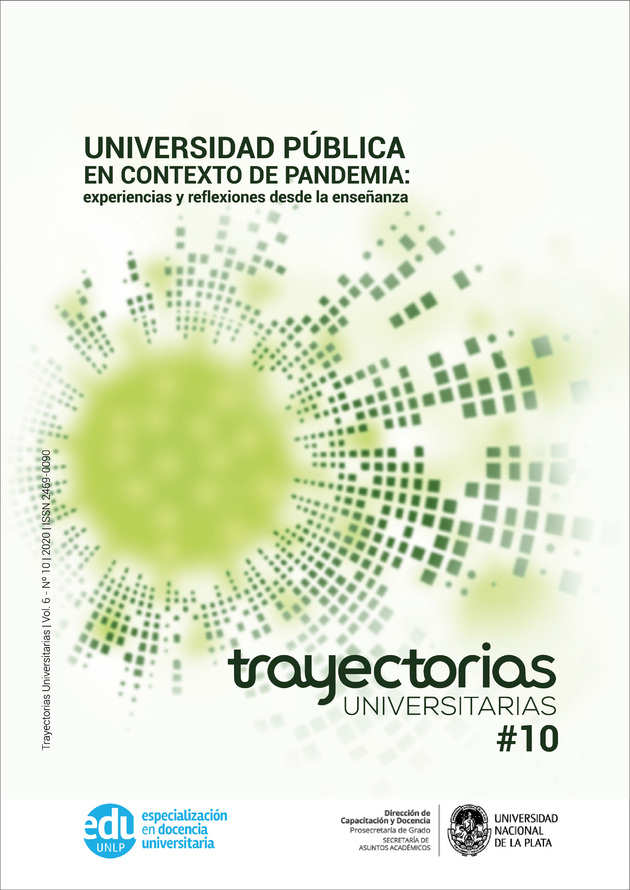 tapa de revista "trayectorias educativas". dibujo en tonos de verde. en el centro, una forma circular que representa un coronavirus del que irradian formas geométricas verde oscuro