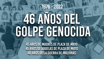 Fondo: Imagen de marcha de Derechos Humanos. Texto  46 años del golpe genocida