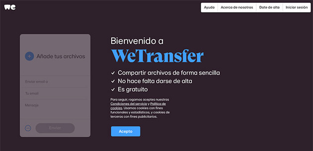 Captura de pantalla del programa "Wetransfer"